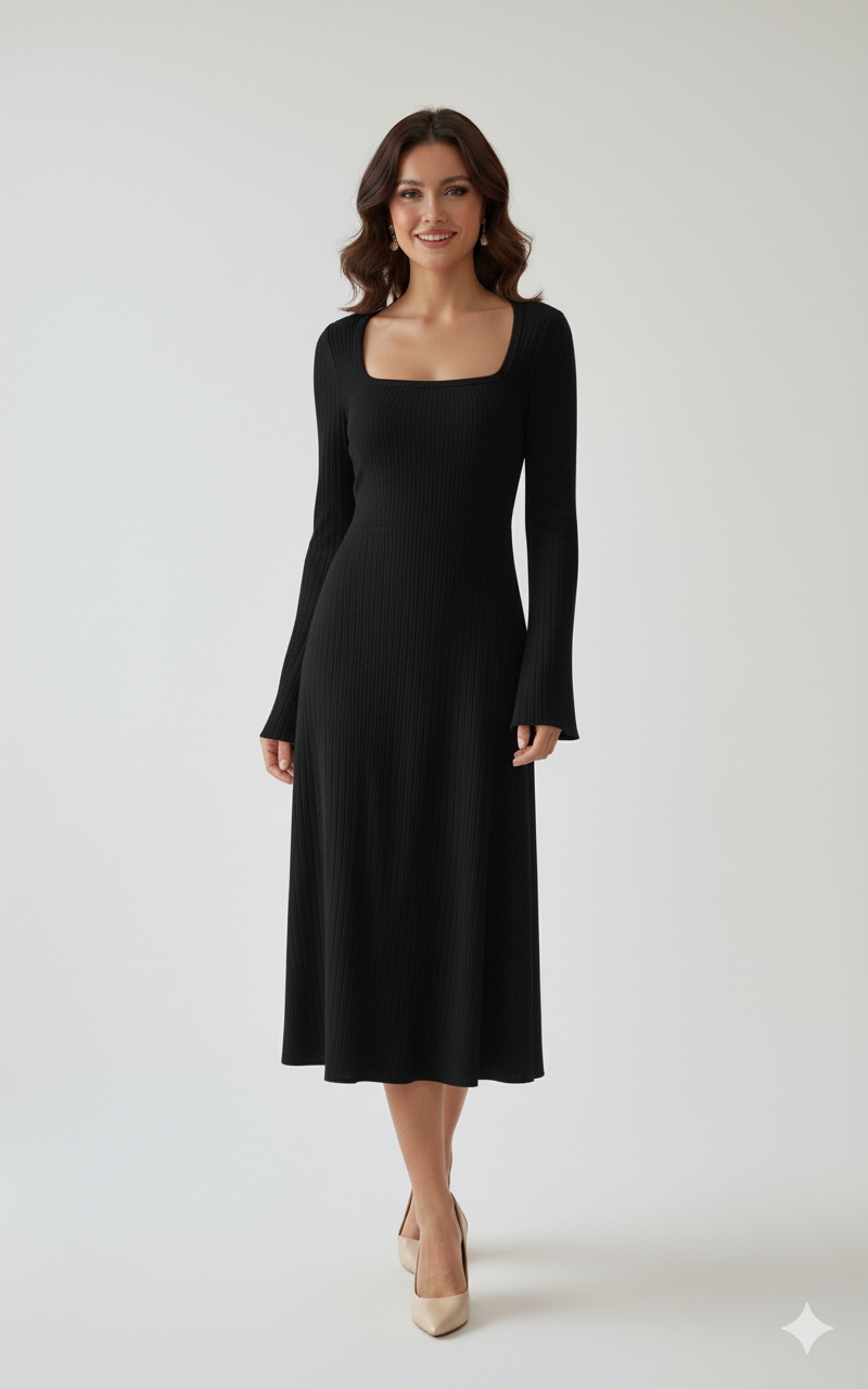 Square Neck Bell Sleeve Midi Dress